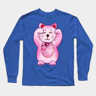 Two paws up pink maneki neko lucky cat Long Sleeve T-Shirt